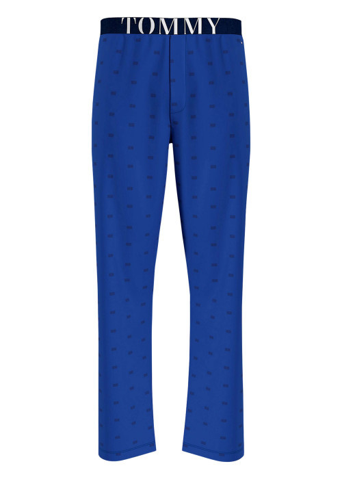Pantalon de pyjama en coton biologique bleu avec une coupe droite et logo all-over