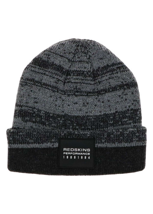 Bonnet gris en maille moulinée avec un patch au nom de la marque