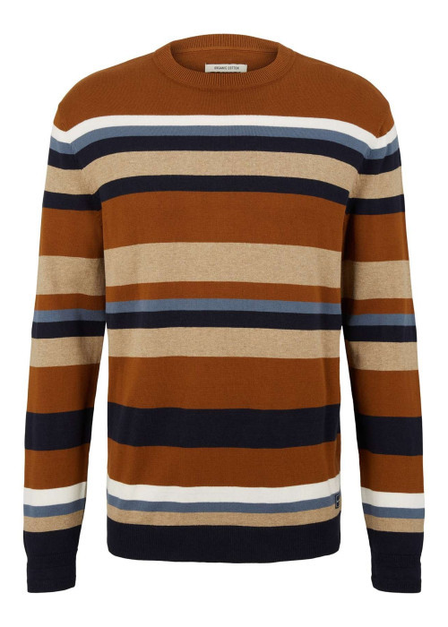 Pull en coton camel rayé coupe droite avec un col rond en bord côte