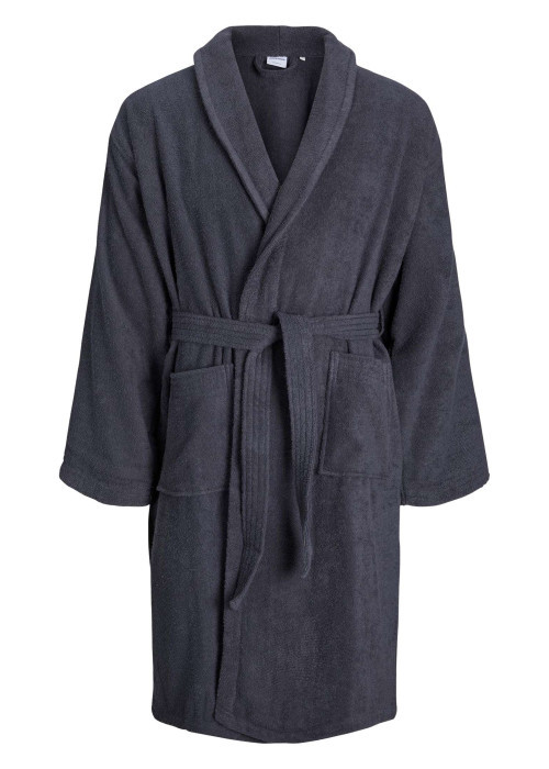 Peignoir en coton biologique anthracite uni à col châle avec ceinture et poches