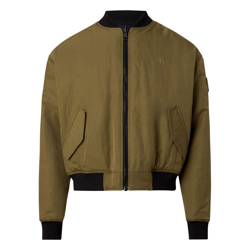 Calvin Klein Jeans - Bomber Kaki Uni Coupe Bombers Avec Un Col Teddy Reversible - Kaki Calvin Klein Jeans - Bomber Kaki Uni Coupe Bombers Avec Un Col Teddy Reversible - Kaki