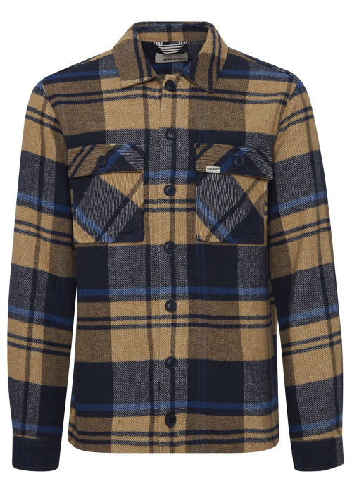 Chemise beige carreaux coupe droite col français et à manches longues