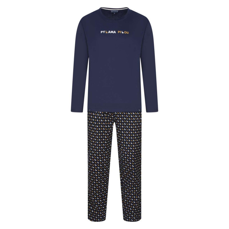 Arthur - Pyjama Long En Coton Avec T-shirt Uni Et Pantalon Imprimé De Lama Bicolore - Marine Arthur - Pyjama Long En Coton Avec T-shirt Uni Et Pantalon Imprimé De Lama Bicolore - Marine