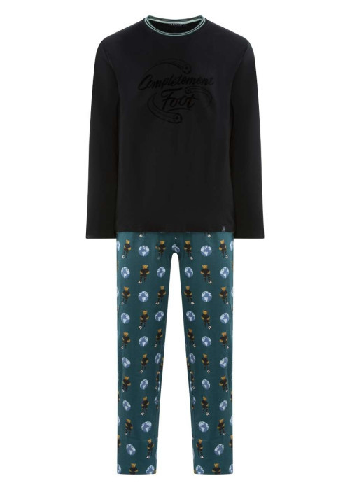 Pyjama Long en coton biologique noir imprimé teddy avec une coupe fermée et col rond