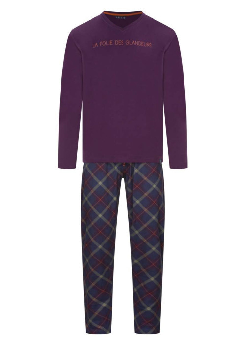 Pyjama long avec un t-shirt violet uni et un pantalon à carreaux