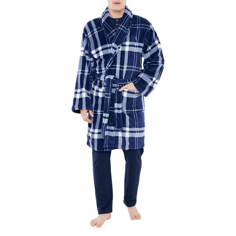 Arthur - Peignoir Marine Vichy Coupe Large Avec Un Col Cache-coeur Et Des Liens Plats à La Taille - Marine Arthur - Peignoir Marine Vichy Coupe Large Avec Un Col Cache-coeur Et Des Liens Plats à La Taille - Marine
