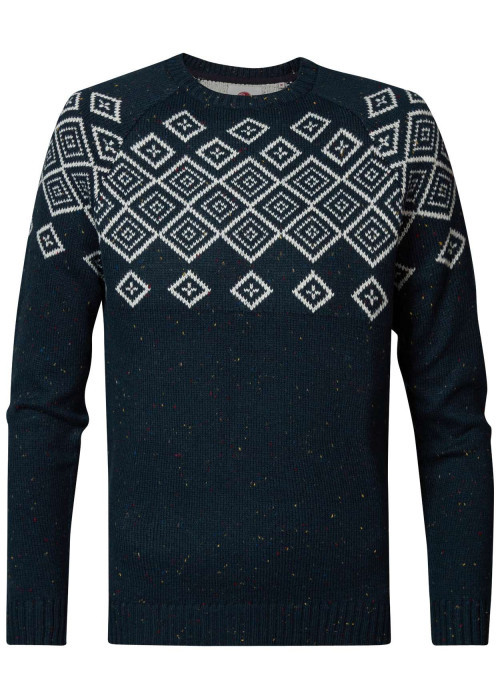 Pull marine moucheté à motifs losanges blancs avec coupe droite et col rond