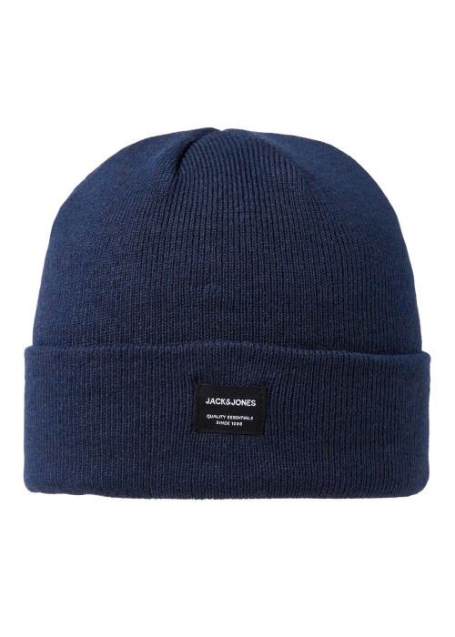 Bonnet bleu uni en maille avec étiquette iconique sur l'ourlet