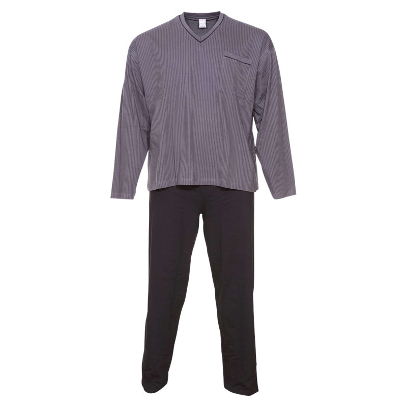 Adamo - Ensemble De Pyjama Long En Coton Anthracite Rayé à Coupe Large Et Un Col En V - Anthracite Adamo - Ensemble De Pyjama Long En Coton Anthracite Rayé à Coupe Large Et Un Col En V - Anthracite