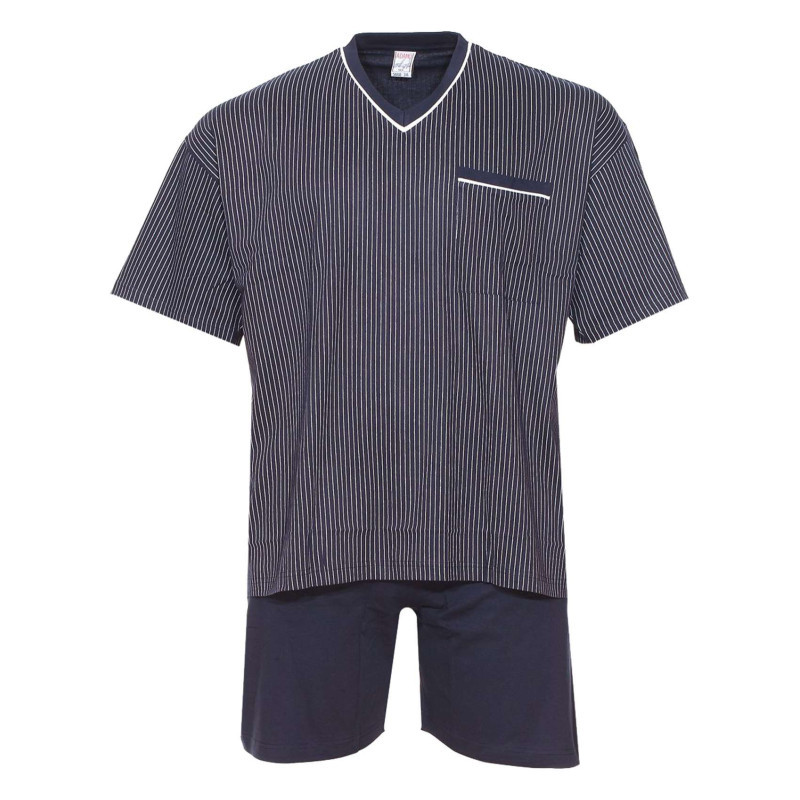 Adamo - Ensemble De Pyjama Court En Coton Marine Rayé à Coupe Large Et Un Col En V - Bleu Marine Adamo - Ensemble De Pyjama Court En Coton Marine Rayé à Coupe Large Et Un Col En V - Bleu Marine