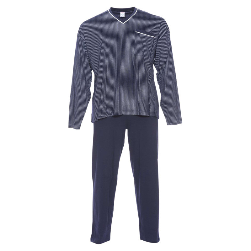 Adamo - Ensemble De Pyjama Long En Coton Marine Rayé à Coupe Large Et Un Col En V - Bleu Marine Adamo - Ensemble De Pyjama Long En Coton Marine Rayé à Coupe Large Et Un Col En V - Bleu Marine