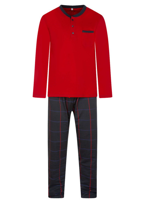 Pyjama long en coton rouge uni avec une coupe droite et un col rond