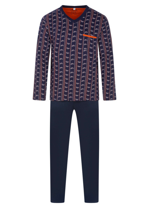 Pyjama long en coton marine imprimé vélo avec une coupe droite et un col v