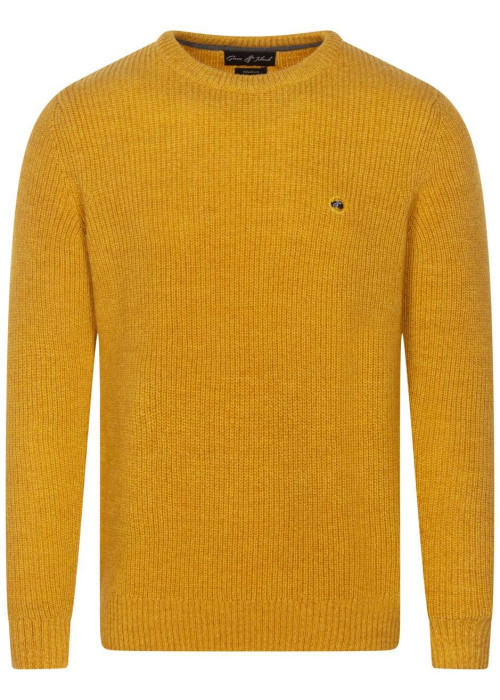 Pull moutarde uni avec une coupe droite, des manches longues et un col rond