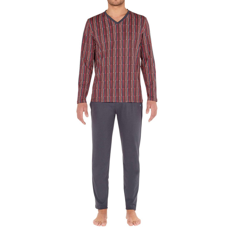 Hom - Pyjama Long Ottawa En Coton Gris à Col Imprimé Imprimé Géométrique Et Logo Brodé Sur Le Pantalon - Gris