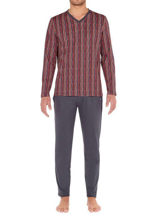 Pyjama long Ottawa en coton gris à col imprimé imprimé géométrique et logo brodé sur le pantalon