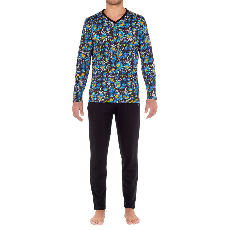 Hom - Pyjama Long Cancun En Coton Noir à Col V Imprimé Fleuri Et Logo Brodé Sur Le Côté Gauche Du Pantalon - Noir Hom - Pyjama Long Cancun En Coton Noir à Col V Imprimé Fleuri Et Logo Brodé Sur Le Côté Gauche Du Pantalon - Noir