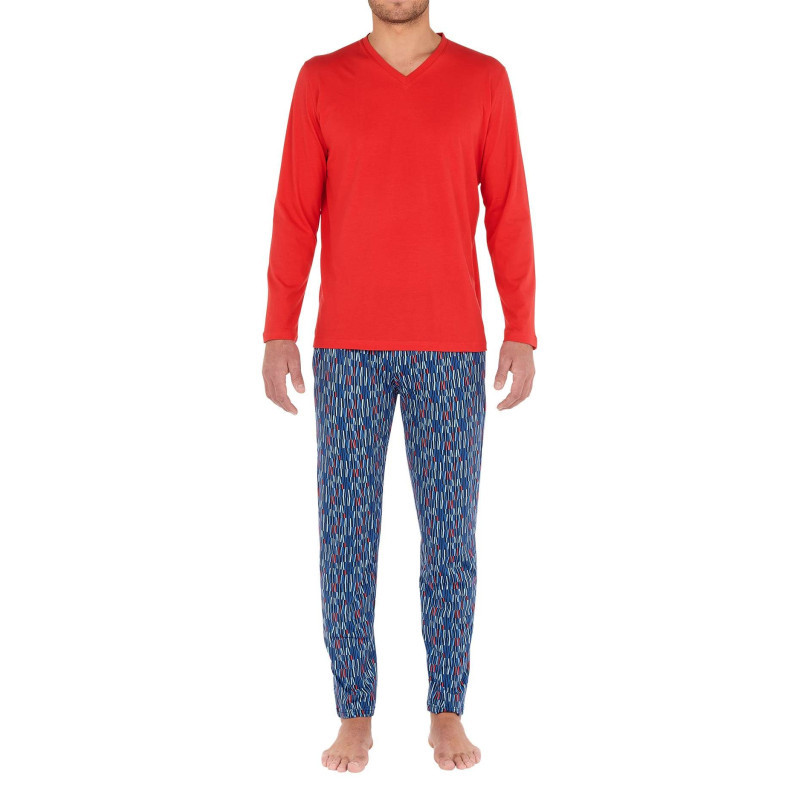 Hom - Pyjama Long Lugano En Coton Multicolore à Col V Et Imprimé Géométrique Sur Le Pantalon - Multicolore Hom - Pyjama Long Lugano En Coton Multicolore à Col V Et Imprimé Géométrique Sur Le Pantalon - Multicolore