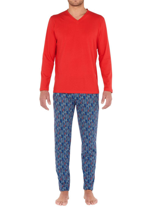 Pyjama long Lugano en coton multicolore à col v et imprimé géométrique sur le pantalon