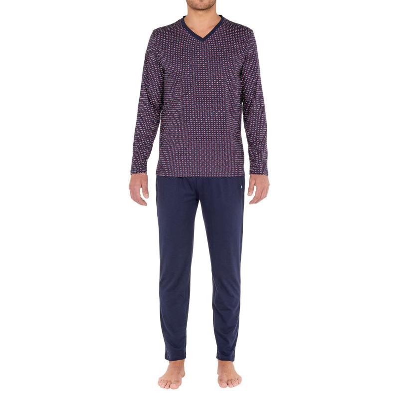 Hom - Pyjama Long Figari En Coton Marine à Col V Imprimé Géométrique Rouge Et Blanc - Marine Hom - Pyjama Long Figari En Coton Marine à Col V Imprimé Géométrique Rouge Et Blanc - Marine