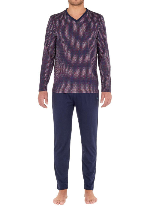 Pyjama long Figari en coton marine à col v imprimé géométrique rouge et blanc