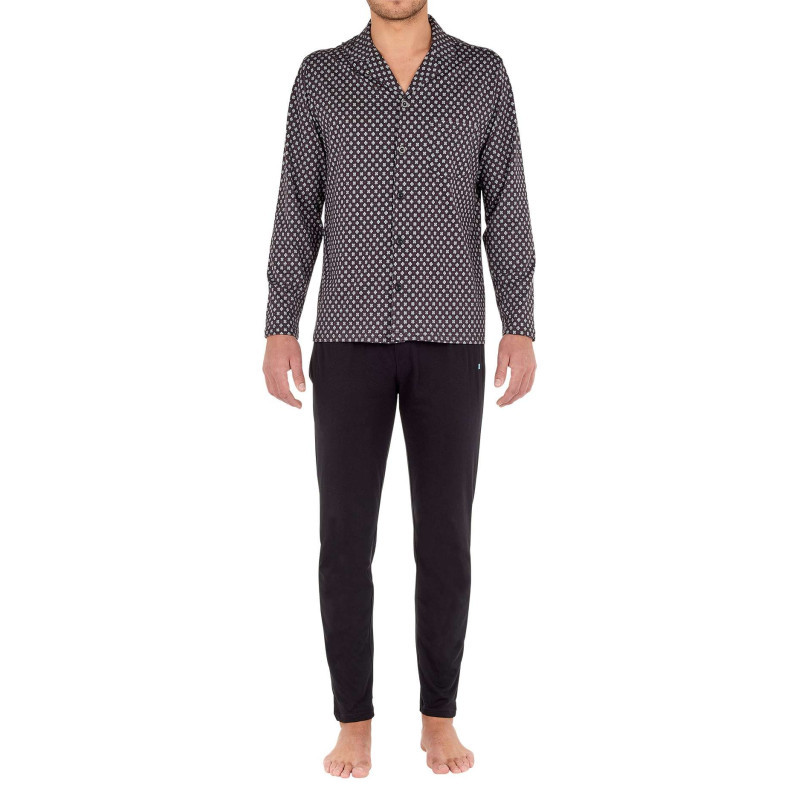 Hom - Pyjama Long Fortaleza En Coton Noir à Col Revers Boutonné Avec Imprimé Trèfles Et Poids - Noir Hom - Pyjama Long Fortaleza En Coton Noir à Col Revers Boutonné Avec Imprimé Trèfles Et Poids - Noir