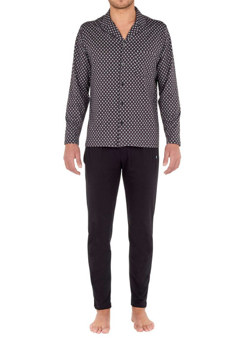 Pyjama long Fortaleza en coton noir à col revers boutonné avec imprimé trèfles et poids