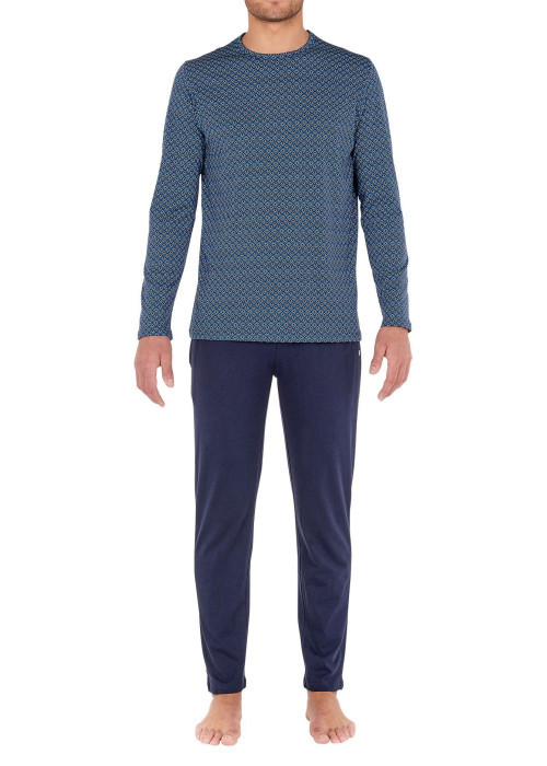 Pyjama long Kos en coton bleu à col rond imprimé géométrique et logo brodé sur le pantalon