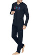 Thumbnail Pyjama long en coton uni à imprimé poitrine, à coupe droite, col V et pantalon à taille élastiquée