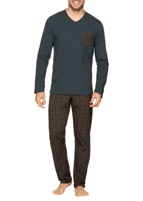 Pyjama long en coton à tee-shirt stretch à coupe droite, col V et pantalon droit taille élastiquée