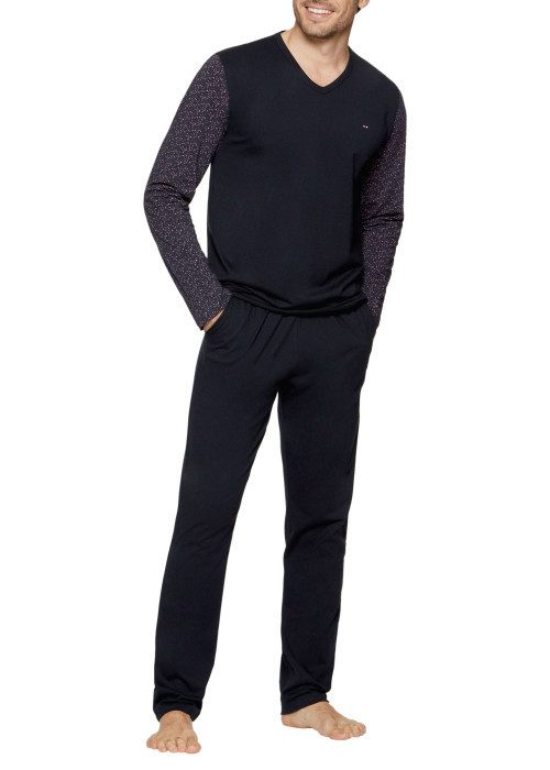 Pyjama long en coton à tee-shirt bicolore à coupe droite, col V et pantalon droit taille élastiquée