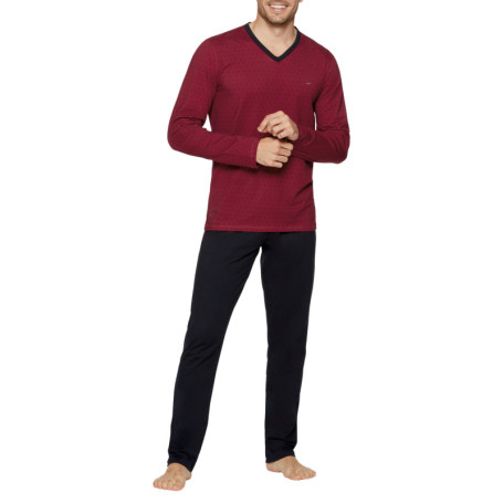 Pyjama long en coton noir et bordeaux uni à...