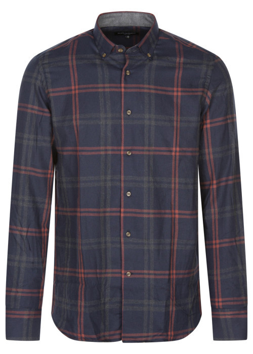 Chemise en coton marine à carreaux avec une coupe droite et col américain