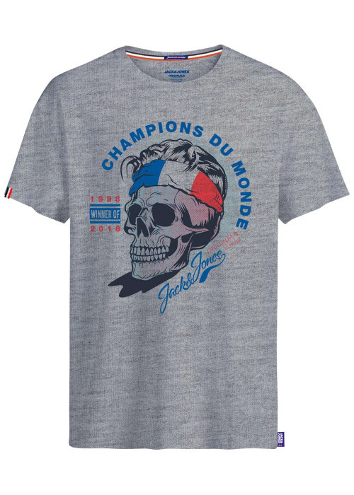 T-shirt col rond en coton gris chiné avec tête de mort floquée sur le thème de la coupe du monde