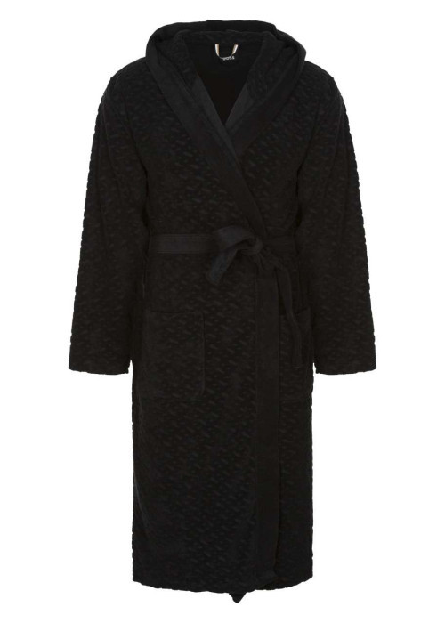 Peignoir long en coton mélangé noir uni avec une coupe fermée et un col à capuche