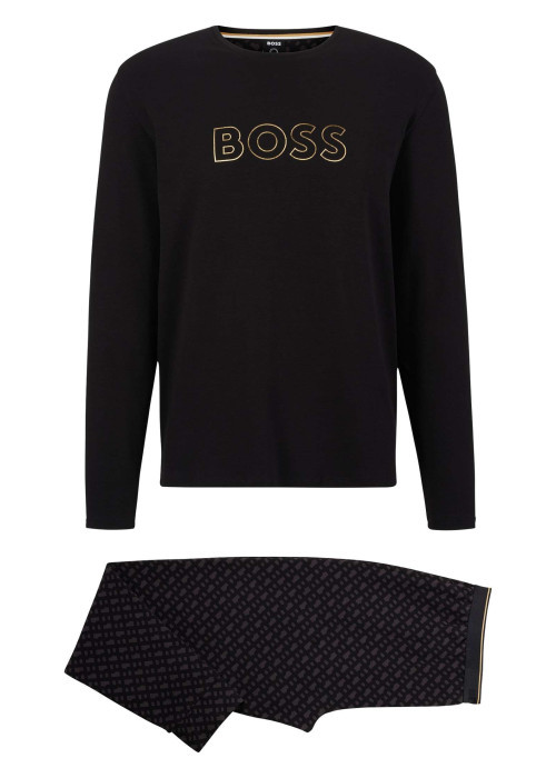 Coffret pyjama long en coton noir imprimé avec une coupe fermée un col rond
