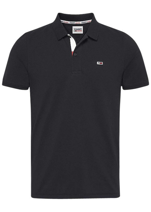 Polo en coton noir avec une fermeture boutonnée et logo iconique