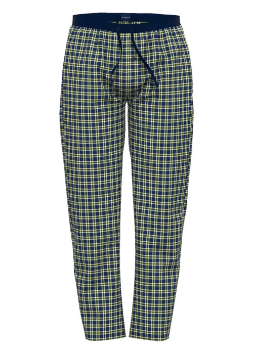 Pantalon pyjama en coton à carreaux sur fond marine, taille élastiquée à cordon