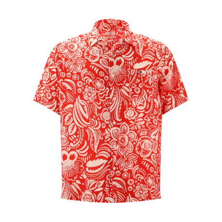 Chemise rouge fleurie à coupe droite col cubain...