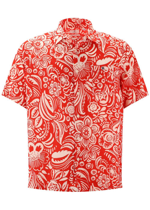 Chemise rouge fleurie à coupe droite col cubain et à manches courtes