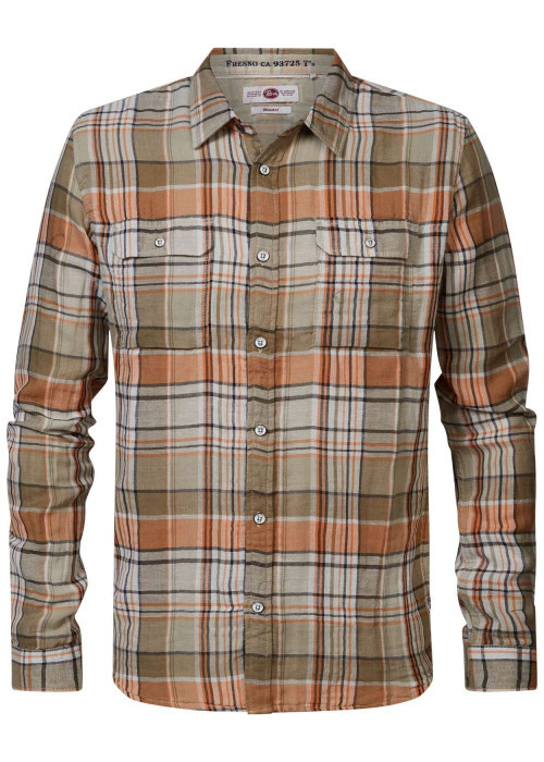 Chemise Regular Fit légère, coton motif Tartan orange et beige, à col français