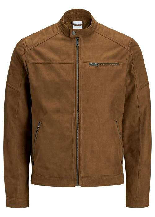 Blouson camel avec une coupe droite et un col boutonné style motard