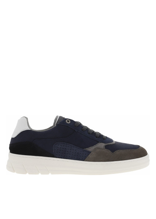 Sneakers en cuir marine à semelle semi-compensée blanche et lacets plats