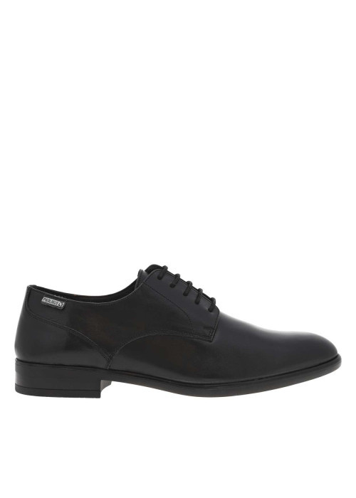 Derbies en cuir noir à bout pointu, talon décroché bas et lacets ronds enduis