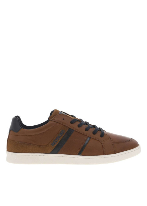Baskets basses en cuir cognac avec des lacets plats bleu marine