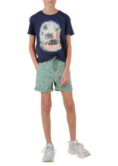 Short chino en coton kaki avec imprimé micro-palmiers marine et coupe courte