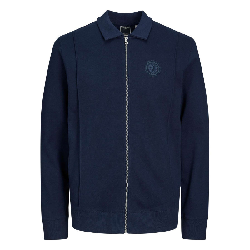 Jack & Jones - Sweat Zippé En Coton Marine Uni Coupe Droite Avec Col Français En Points Jersey - Marine Jack & Jones - Sweat Zippé En Coton Marine Uni Coupe Droite Avec Col Français En Points Jersey - Marine