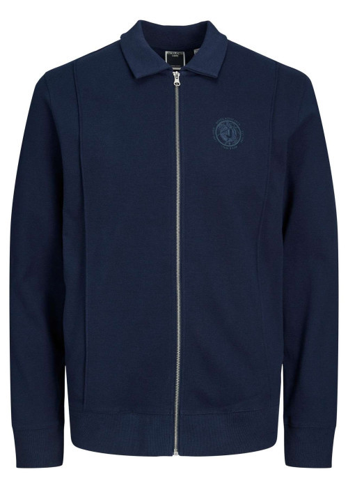 Sweat zippé en coton marine uni coupe droite avec col français en points Jersey