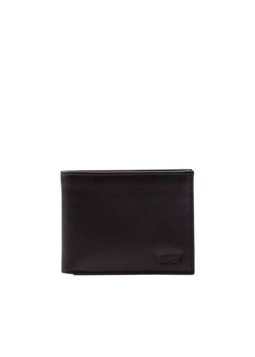 Portefeuille en cuir noir uni avec nom et logo de la marque inscrit dessus