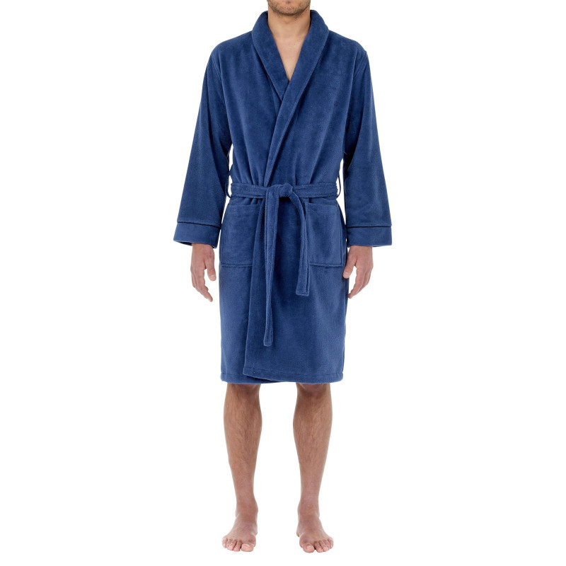 Hom - Peignoir En Coton Bleu Uni Avec Une Coupe Droite Et Un Col Châle - Bleu Hom - Peignoir En Coton Bleu Uni Avec Une Coupe Droite Et Un Col Châle - Bleu